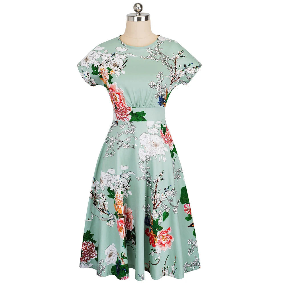 Nice-forever Vintage Elegante Blumen Druck Plissee Rundhals vestidos A-Line Pinup Business Party Frauen Flare Swing Kleid A102