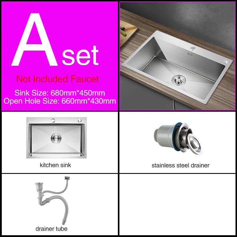 Kitchen sink lead-free handmade brushed 304 stainless steel 3mm thickness single bowl large size kitchen sink