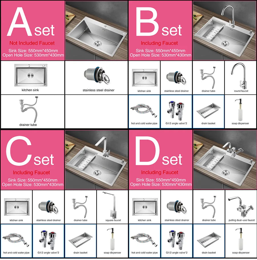 Kitchen sink lead-free handmade brushed 304 stainless steel 3mm thickness single bowl large size kitchen sink