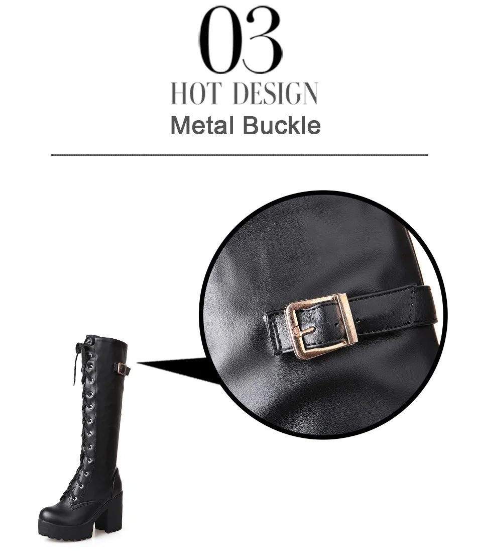 Gdgydh Hot Sale Spring Autumn Lacing Knee High Boots Women Fashion White Square Heel Woman Leather Shoes Winter PU Large Size 43.