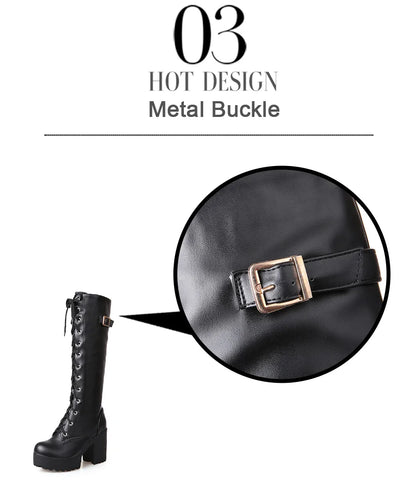 Gdgydh Hot Sale Spring Autumn Lacing Knee High Boots Women Fashion White Square Heel Woman Leather Shoes Winter PU Large Size 43.