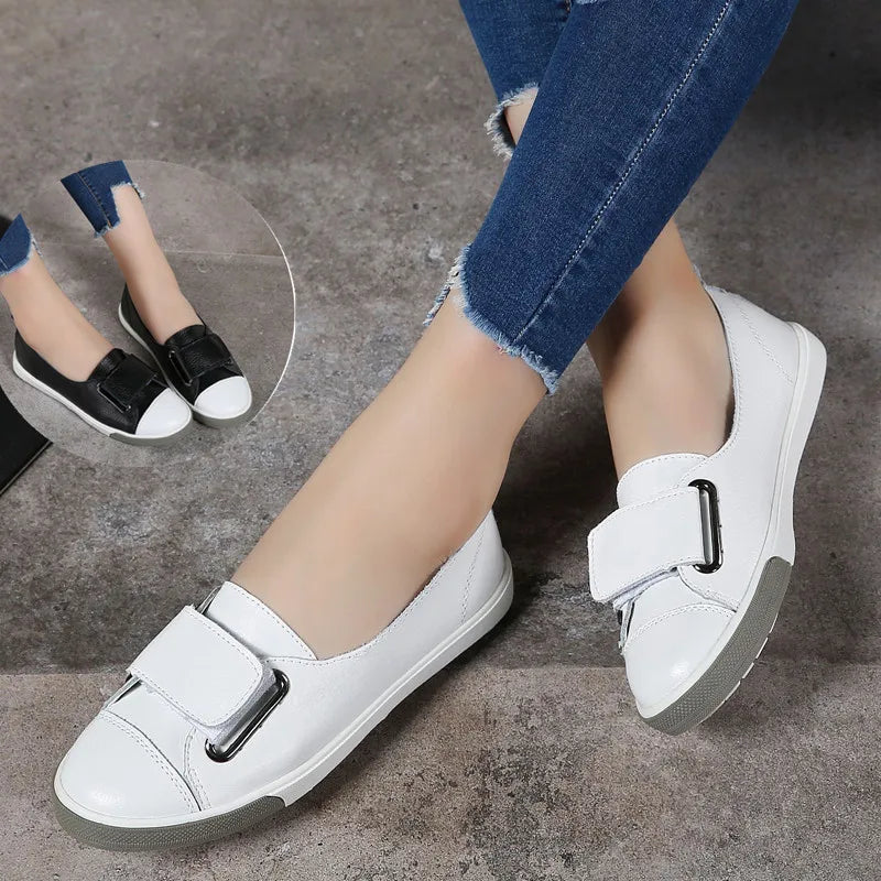 WOIZGIC Women Ladies Female Student Genuine Leather Casual Shoes White Flats Korean Vulcanized Shoes Spring 35-41 DF-YC259.