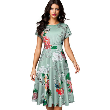 Nice-forever Vintage Elegante Blumen Druck Plissee Rundhals vestidos A-Line Pinup Business Party Frauen Flare Swing Kleid A102