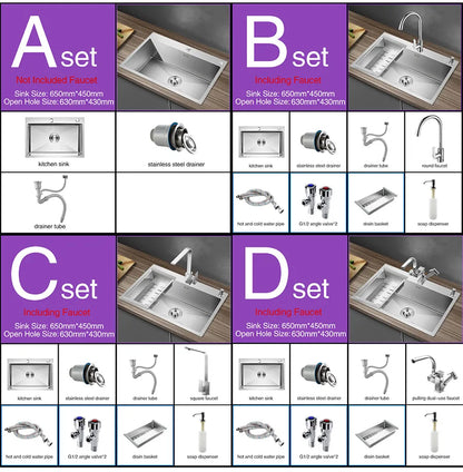 Kitchen sink lead-free handmade brushed 304 stainless steel 3mm thickness single bowl large size kitchen sink