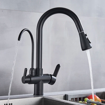 Matte Black Pure Water Filter Kitchen Faucet Dual Handle Hot and Cold Drinking Water Pull Out  Kitchen Mixer Taps
