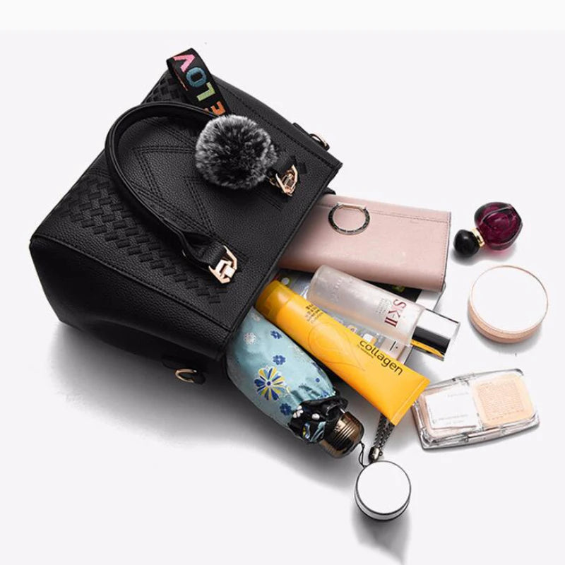 Embroidery Messenger Bags Women Leather Handbags Bags for Women Sac a Main Ladies hair ball Hand Bag.