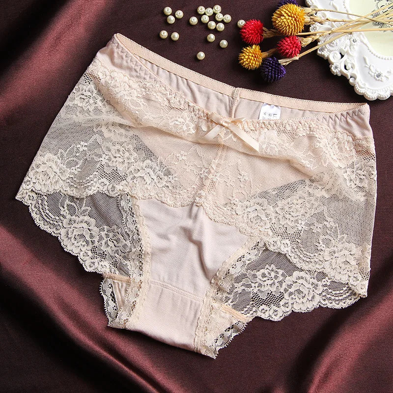 Women Modal Transparent Sexy Lace Underwear Plump Lady 3XL Large Size Hollow Seamless Panties High-Rise Soft Big Briefs.