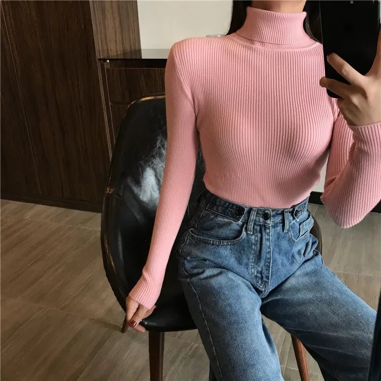 2025 herbst Winter Dicken Pullover Frauen Gestrickte Rippen Pullover Pullover Langarm Rollkragen Schlank Jumper Weiche Warme Pull Femme.