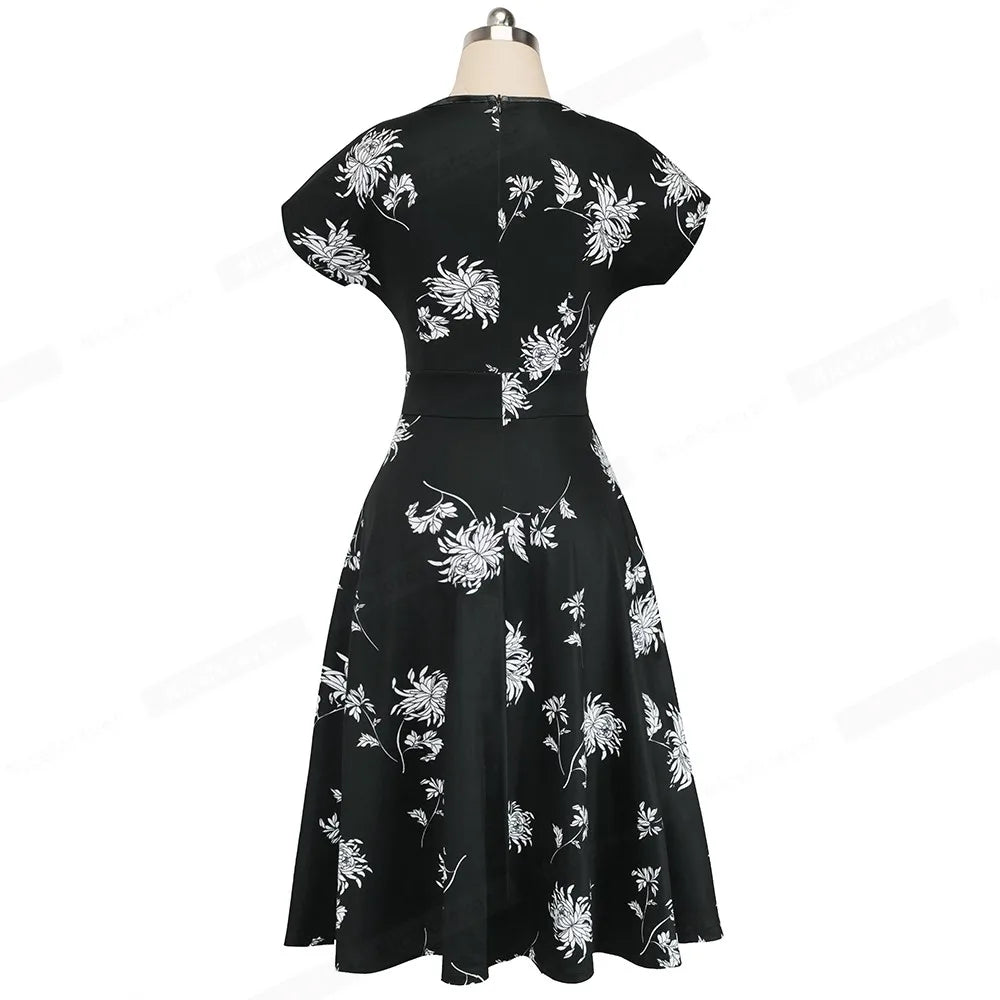 Nice-forever Vintage Elegante Blumen Druck Plissee Rundhals vestidos A-Line Pinup Business Party Frauen Flare Swing Kleid A102