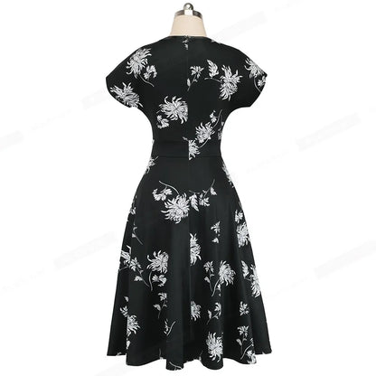 Nice-forever Vintage Elegante Blumen Druck Plissee Rundhals vestidos A-Line Pinup Business Party Frauen Flare Swing Kleid A102