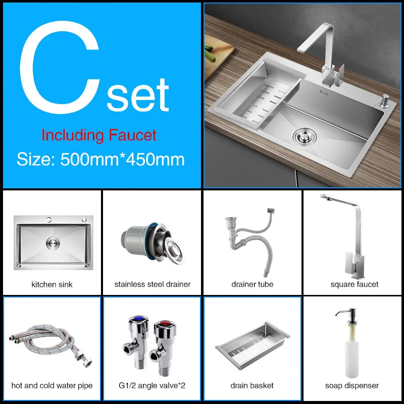 Kitchen sink lead-free austenitic handmade brushed 304 stainless steel 3mm thickness single bowl kitchen sink