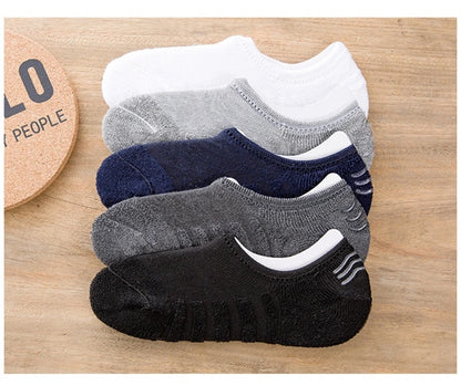 5 Pairs/Lot Men's Fashion Towel Bottom Boat Socks Cotton Sport Sweat Breathes Silicone Anti-Slip Invisible Socks Plus Size 41-45.