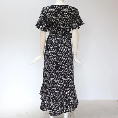 Sommer Strand Maxi Kleid Frauen Floral Print Boho Lange Chiffon Kleid Rüschen Wrap Casual V-ausschnitt Split Sexy Party Kleid Robe Femme.