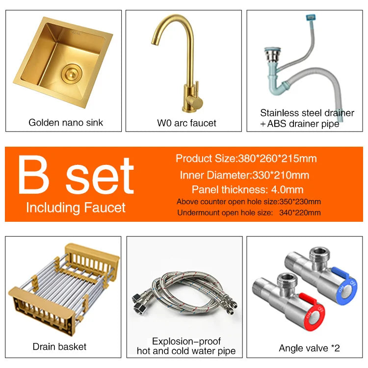 SUS 304 Stainless Steel Luxury Gold Nanometer Island Kitchen Sink Manual Single Bar Counter Mini Kitchen Sinks