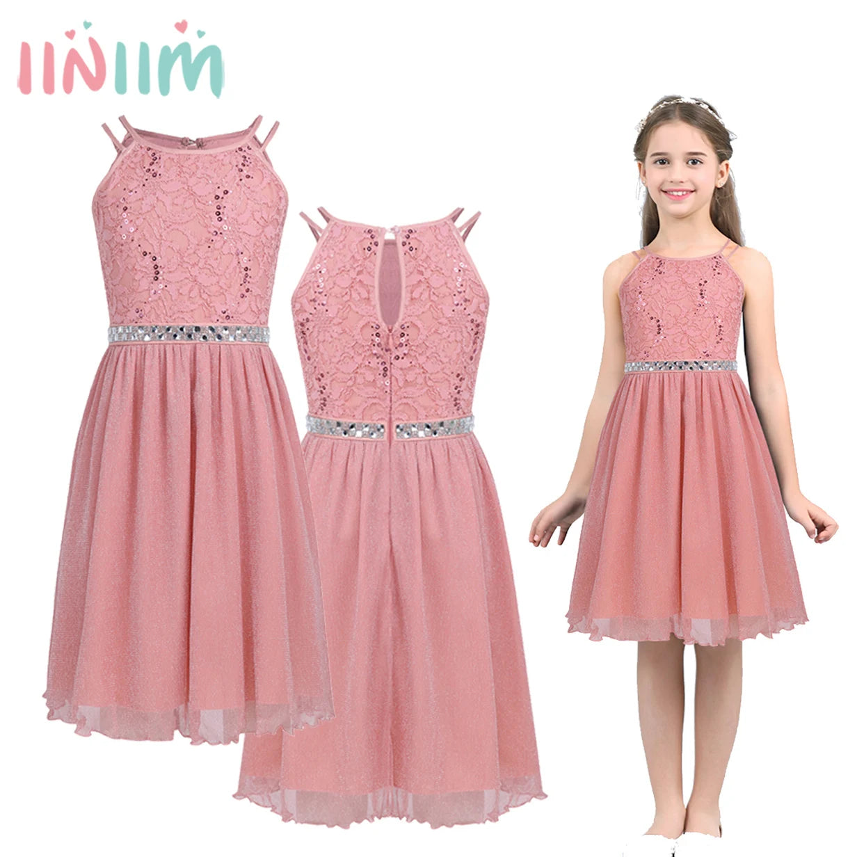 Iiniim Teen Mädchen Ärmellose Pailletten Floral Spitze Glänzenden Kleid Vestido de festa für Hochzeit Formale Geburtstag Party Sommer Kleider.