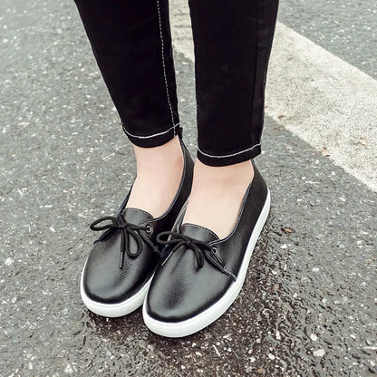 WOIZGIC Women Students Gril Female Genuine Leather White Shoes Flats Platform Lace Up Korean Casual Vulcanized Shoes FEZ-173