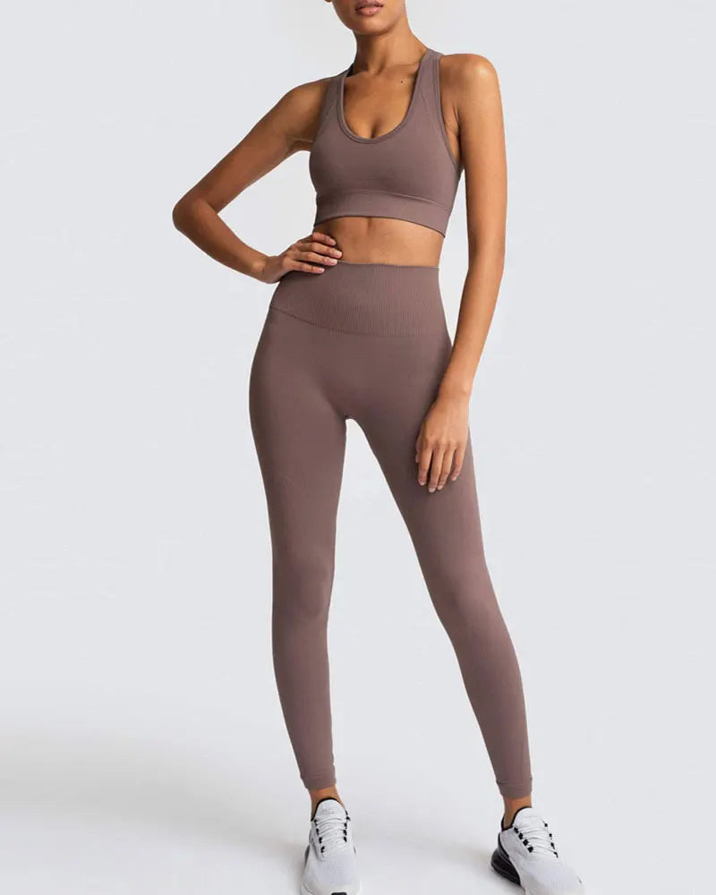 High Waist Elastic Seamless Yoga Wear Women Fitness Clothes Gym Clothing Workout Set Long Sleeve Crop Top Leggings Sports Suit.