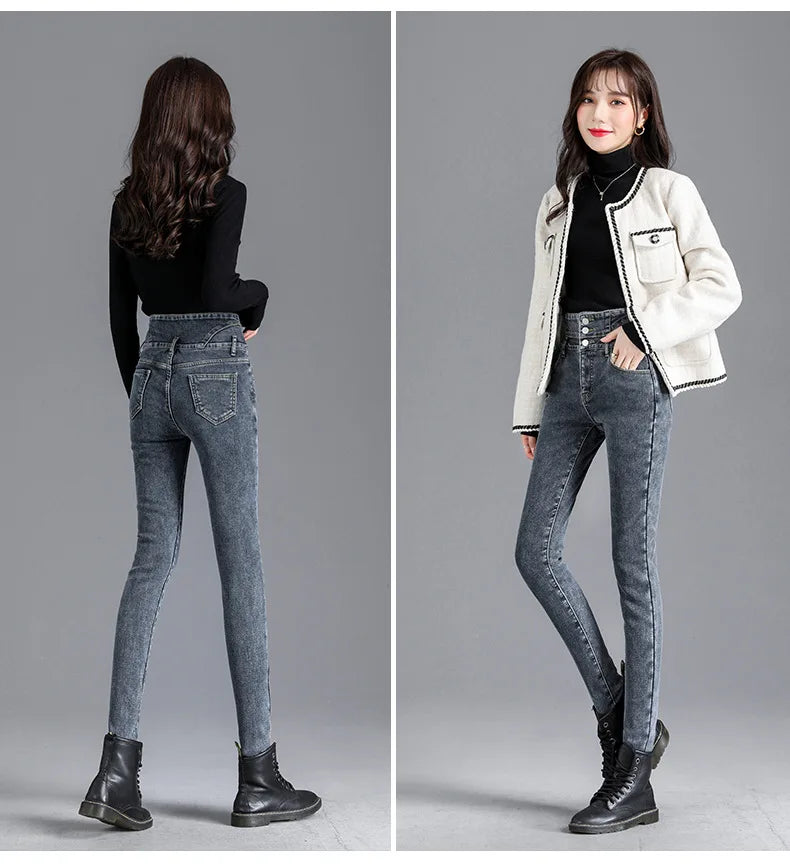 Thermische Winter Dicke Fleece High-taille Warme Dünne Jeans Dicke Frauen Stretch Taste Bleistift Hosen Mom Casual Samt Jeans