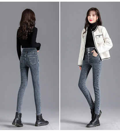 Thermische Winter Dicke Fleece High-taille Warme Dünne Jeans Dicke Frauen Stretch Taste Bleistift Hosen Mom Casual Samt Jeans