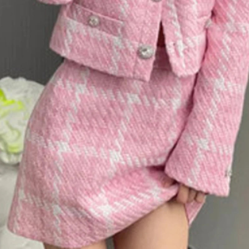 HIGH STREET Newest Fashion 2025 Designer Pink Skirts Women's Sweet Wool Blends Colors Woven Plaid Tweed Skirt.