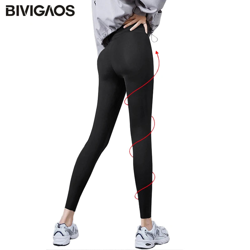 BIVIGAOS Micro Pressure Sharkskin Leggings Women Black Fitness Shaping Hip Lifting Leggings Skinny Slim Sport Workout Leggings.