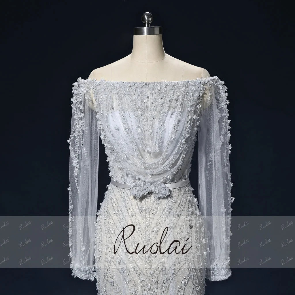 PEV-L3058 Luxury Heavy Beaded Party Gowns See Through Long Sleeve Customized Sexy Off Shoulder Evening Dress From Istanbul.