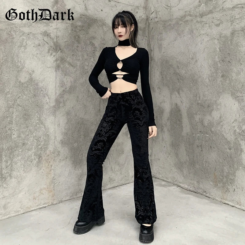 Goth Dark Vintage Floral Scratched Mall Gothic Pants Velvet High Waist Skinny Flare Trousers for Women Streetwear Cyber Y2K Pant