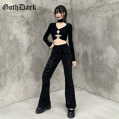 Goth Dark Vintage Floral Scratched Mall Gothic Pants Velvet High Waist Skinny Flare Trousers for Women Streetwear Cyber Y2K Pant