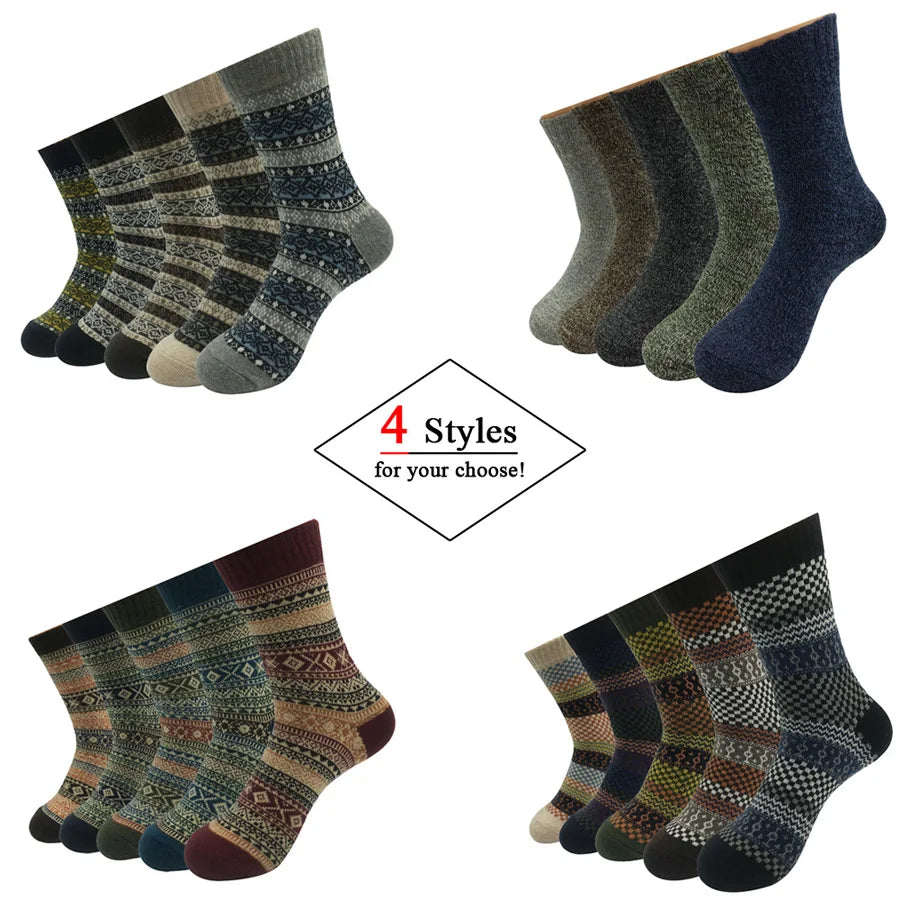 5 Pairs/Lot Wool Socks Men Winter Warm Cashmere Comfortable Long Crew Casual Bohemian Sock Male Gift for Husband Father 4 Styles.