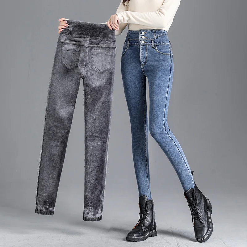 Thermische Winter Dicke Fleece High-taille Warme Dünne Jeans Dicke Frauen Stretch Taste Bleistift Hosen Mom Casual Samt Jeans.