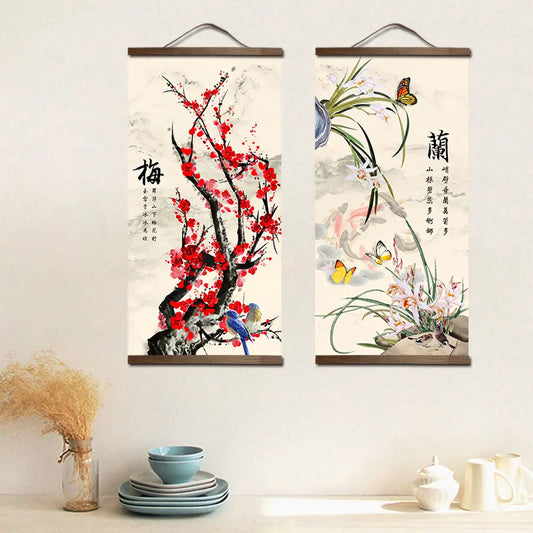 chinese style flower Green plants canvas decorative painting Store bedroom living room wall art solid wood scroll paintings.