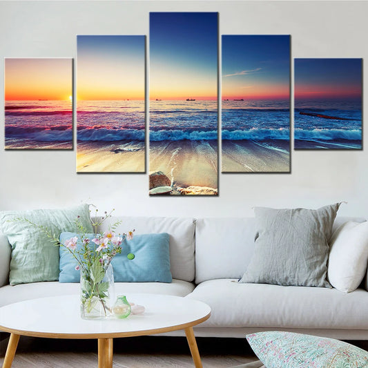 5 Pieces Printed Canvas Painting Landscape Poster Sunset Seascape Beach Wall Art Image Modular Wall Picture Room Decor Framework.