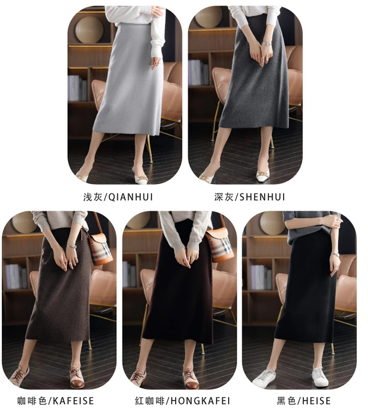 2024 Autumn Winter New 100%Pure Wool Knit Long Skirt Women Casual Thick Korean High Waist Pack Hip Cashmere Wild A-Line Skirt.