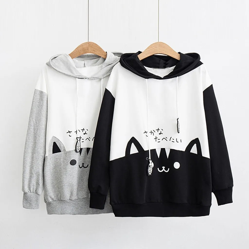 Spring Ladies Long Sleeve Cat Sweatshirt Womens Casual Kitty Cat Print Pocket Thin Hoodie Blouse Top Shirt худи женское платье.