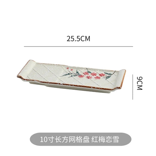Japanese Style Set Tableware Cuisine Restaurant Commercial Retro Plate Rectangular Ceramic Net Red Tray Sushi Plate Dish.