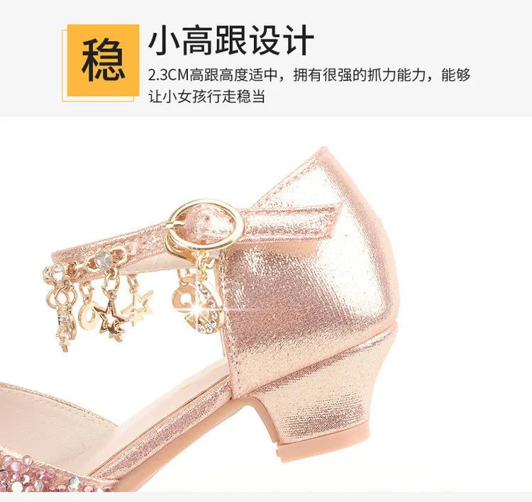 Girls Sandals Children Crystal Shoes 2023 Summer Kids Glitter Shoes High Heels Sequined Rhinestone Pendants Open Toes Princess.