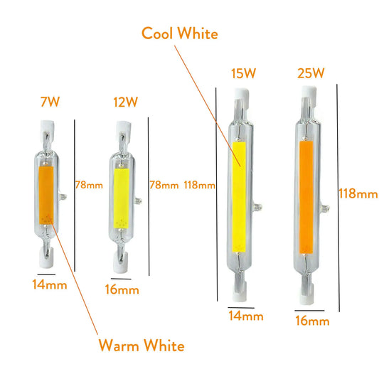 R7s LED 78mm 118mm 7W 12W 15W 25W Dimmable COB Bulbs Ceramic Glass Tube Light Ampoule Replacement Halogen Bombillas Spotlight.