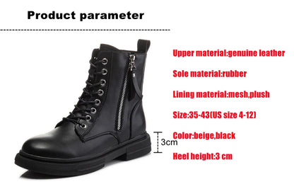 WOIZGIC Women's Ladies Genuine Leather Female Shoes Ankle Boots Platform Lace Up Warm Winter Autumn Fur Plush Motorcycle.