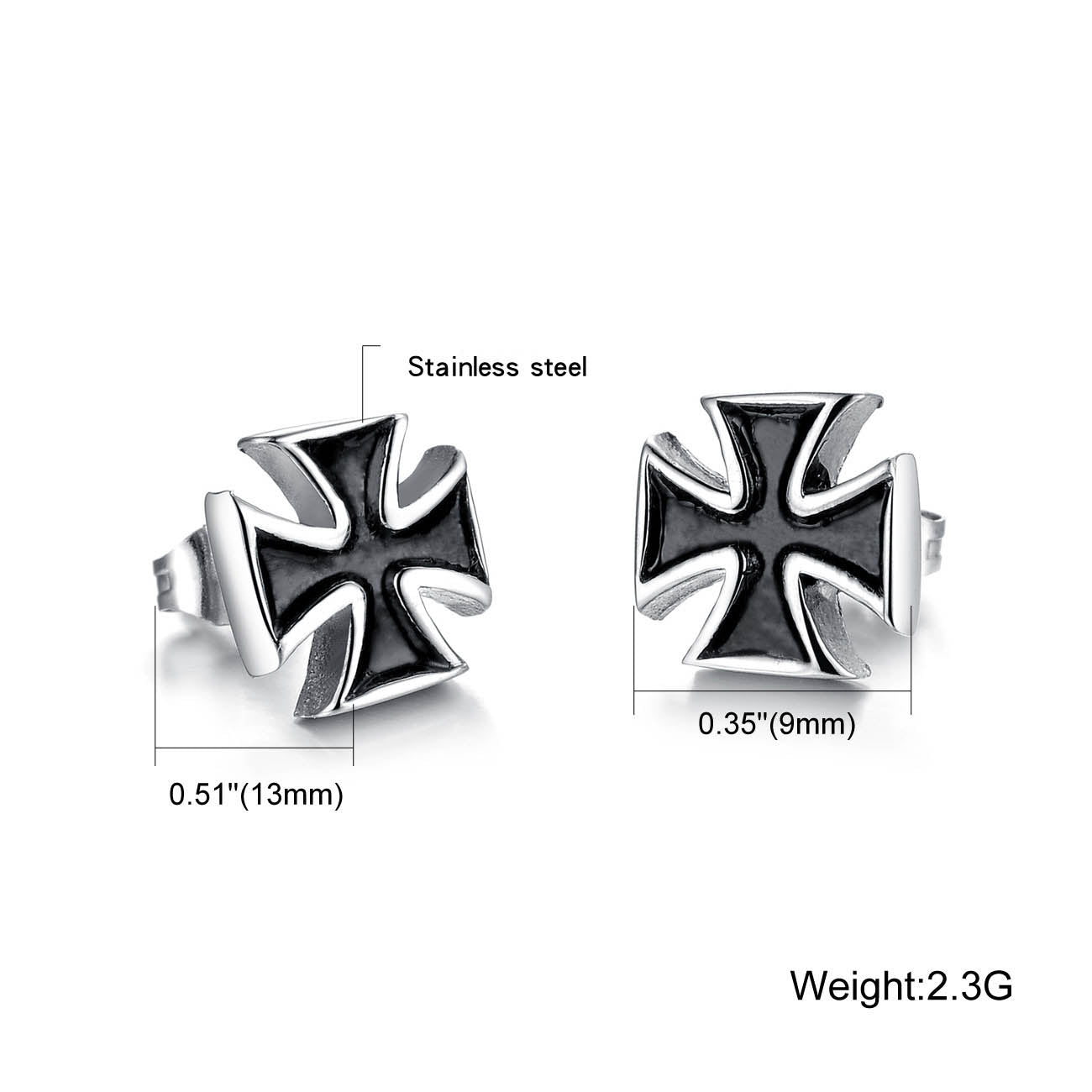 New 2PCS Men's Knights Simple Cross Stud Earrings Templar Knight Ear Studs Stainless Steel Crucifix Male Jewelry Gifts.