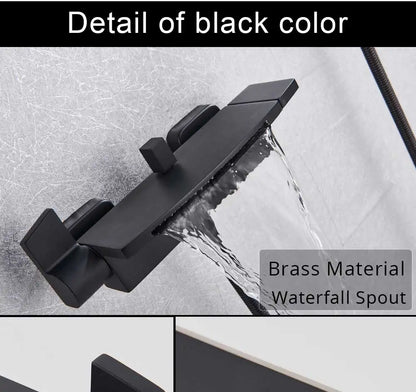 Black Waterfall Shower Faucet Bathroom Wall Mounted Bathtub Shower Faucets Dual Handles Hot Cold Water Mixer Tap with Handshower