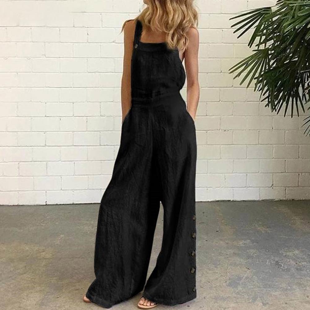 Women Jumpsuit Summer Sleeveless Solid Color Wide Leg Pockets Loose Strappy Playsuit Overall Wide Leg Pockets mono mujer verano.
