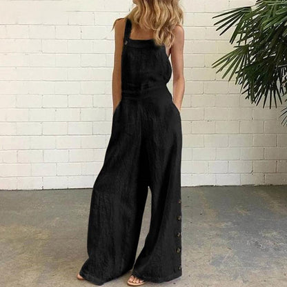 Women Jumpsuit Summer Sleeveless Solid Color Wide Leg Pockets Loose Strappy Playsuit Overall Wide Leg Pockets mono mujer verano.