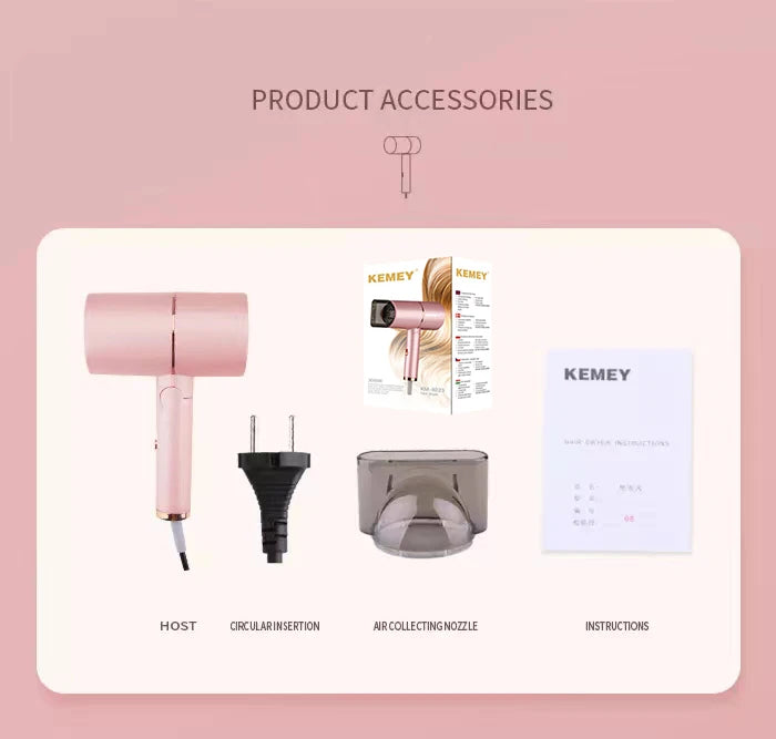 Kemei Professional Blow Dryer Negative Ion Smoother Hair Care Fast Drying Foldable Portable Pink Hair Dryer Home Travel Salon
