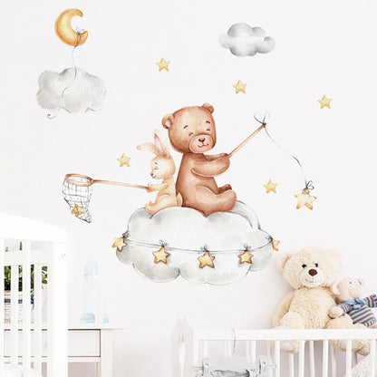 Cute Bear Moon Star Wall Stickers for Kids Rooms Girls Boys Baby Room Decoration Kawaii Cartoon Animal Nursery Wallpaper Vinyl.