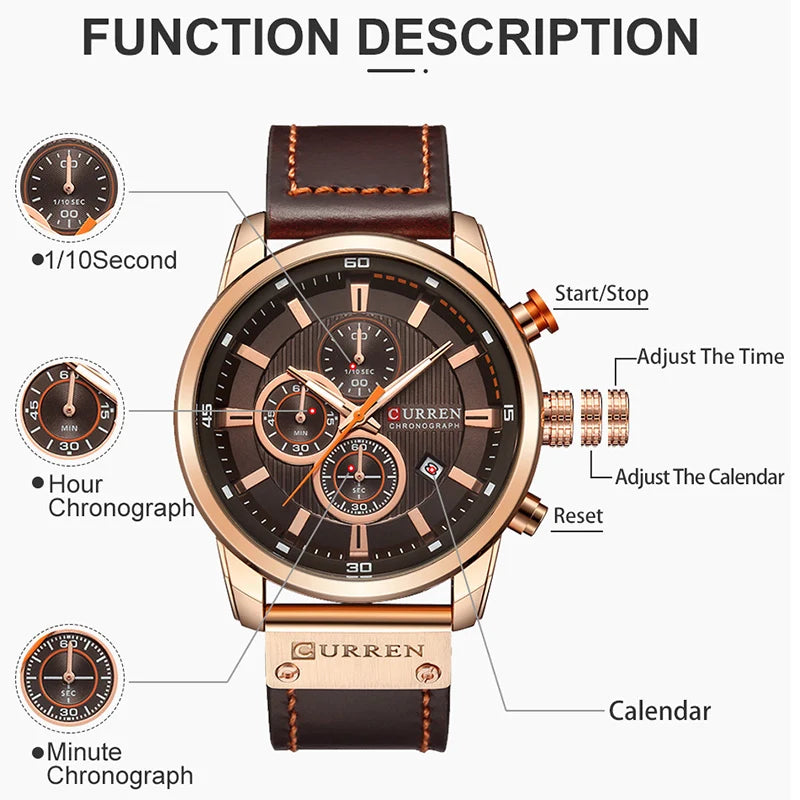 CURREN Brand Watch Men Leather Sports Watches Men's Army Military Quartz Wristwatch Chronograph Male Clock Relogio Masculino.