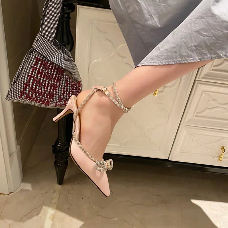 2025 New Fashion Glitter Rhinestones Women Pumps Crystal Bowknot Silk Pointed Toe Buckle Strap Thin High Heels Party Prom Shoes.