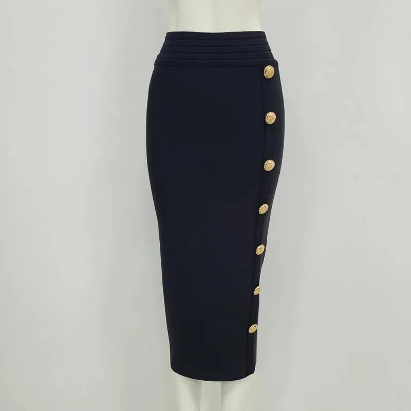 New Arrival Women Button Black Blue Red Bodycon Bandage Skirt 2024 Designer High Waist High Street Party Club Pencil Skirt 75cm.