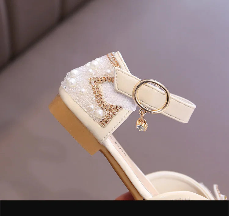 Girls Party Shoes Elegant Rhinestone Fashion Children's Leather Shoes Versatile Sweet Kids Princess Wedding Dress Flats Sandals.