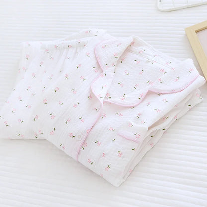 Fdfklak Spring Fall Full Sleeve Homewear Loose 2Pcs Pajama Set 100% Gauze Cotton Casual Print Sleeping Shirt Home Wear Clothes.