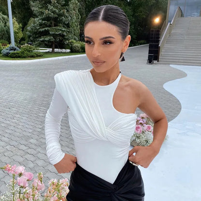 Cryptographic One Shoulder Sexy Backless Twist Bodysuits Women Long Sleeve Top Slim High Waist Bodysuit Club Party Streetwear